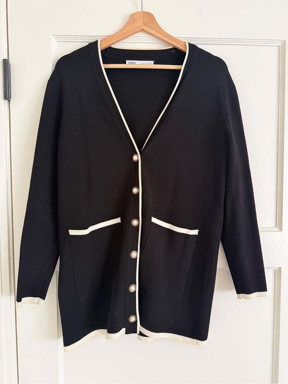 Zara Black Cardigan with Cream Trim and Pearl Buttons